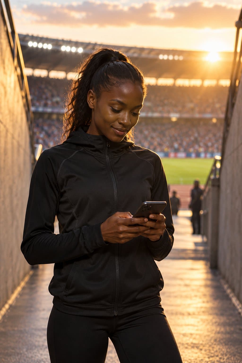 An athlete in a stadium tunnel at sunset, looking at her phone