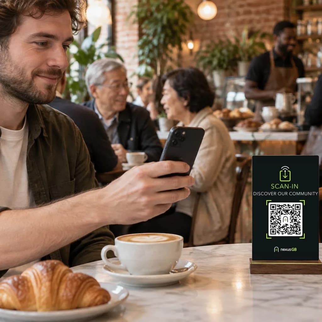 A cafe table with a small stand holding a code, and a guest holding a phone showing buttons to call staff