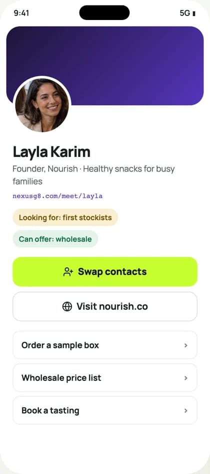 Layla Karim’s page on a phone: Founder, Nourish, the pills Looking for first stockists and Can offer wholesale, Swap contacts, Visit nourish.co and links to a sample box, a price list and a tasting