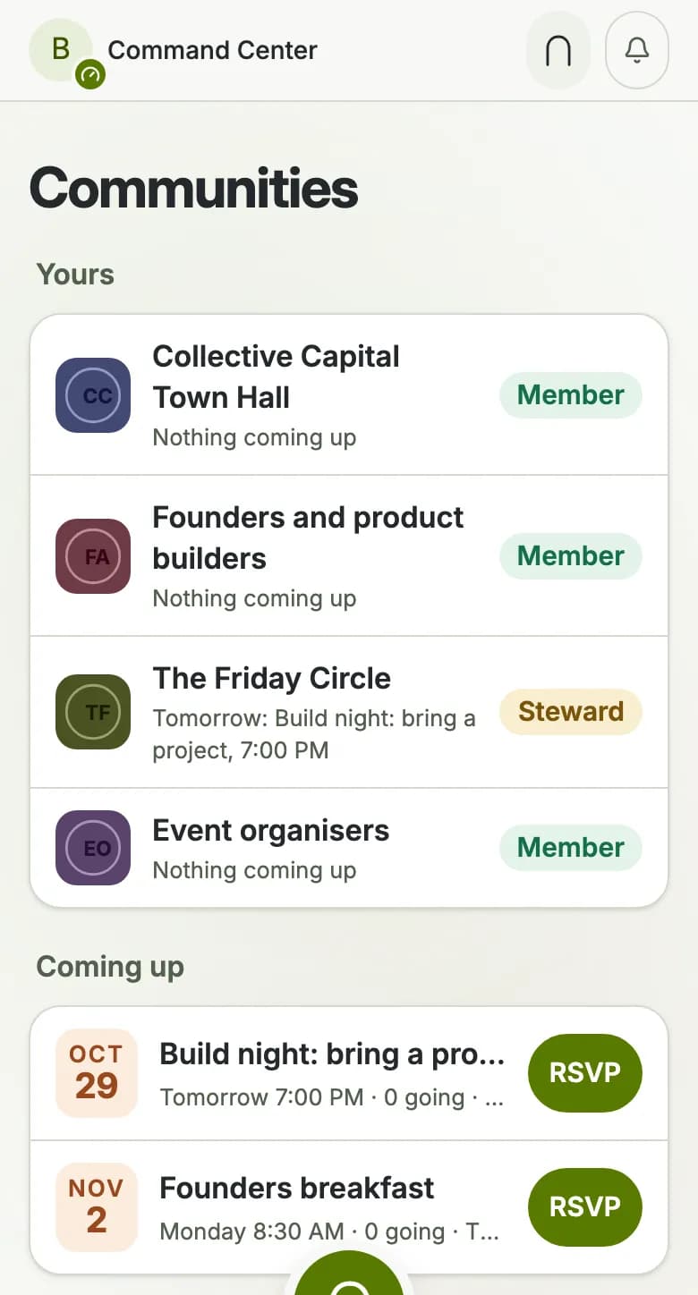 Communities: four rooms with your place in each, and two events coming up