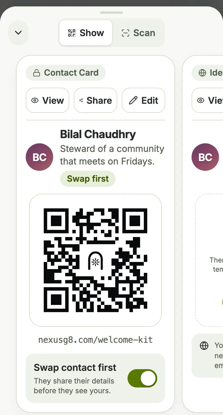 My Gate: your Contact Card with its code, ready to be scanned