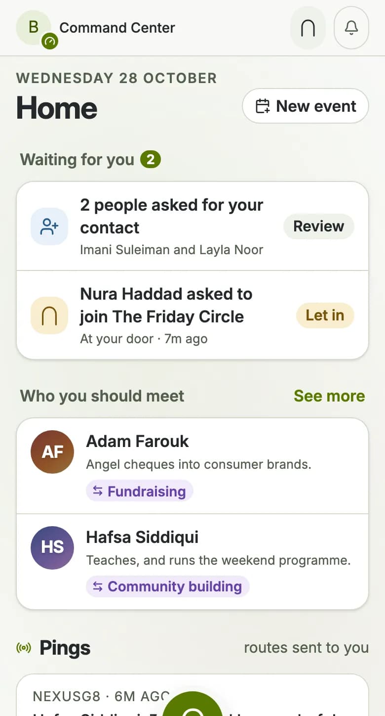 Home: two people asked for your contact, someone is at your door, and who you should meet
