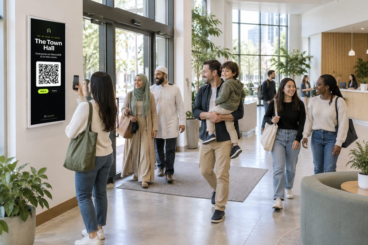 People walking into a lobby past a wall screen showing a community Gate with a code to scan