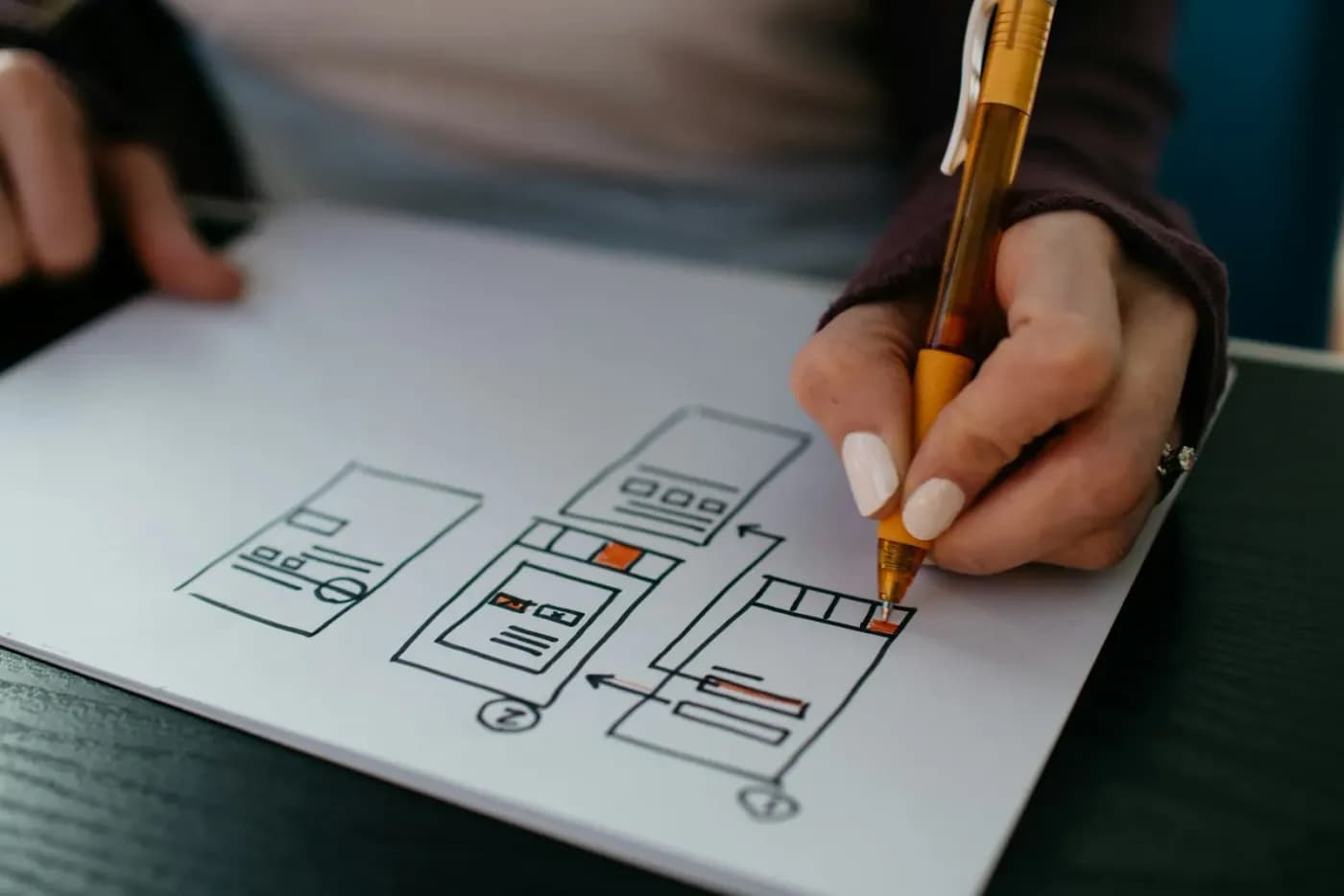 A hand sketching the screens of a product on paper