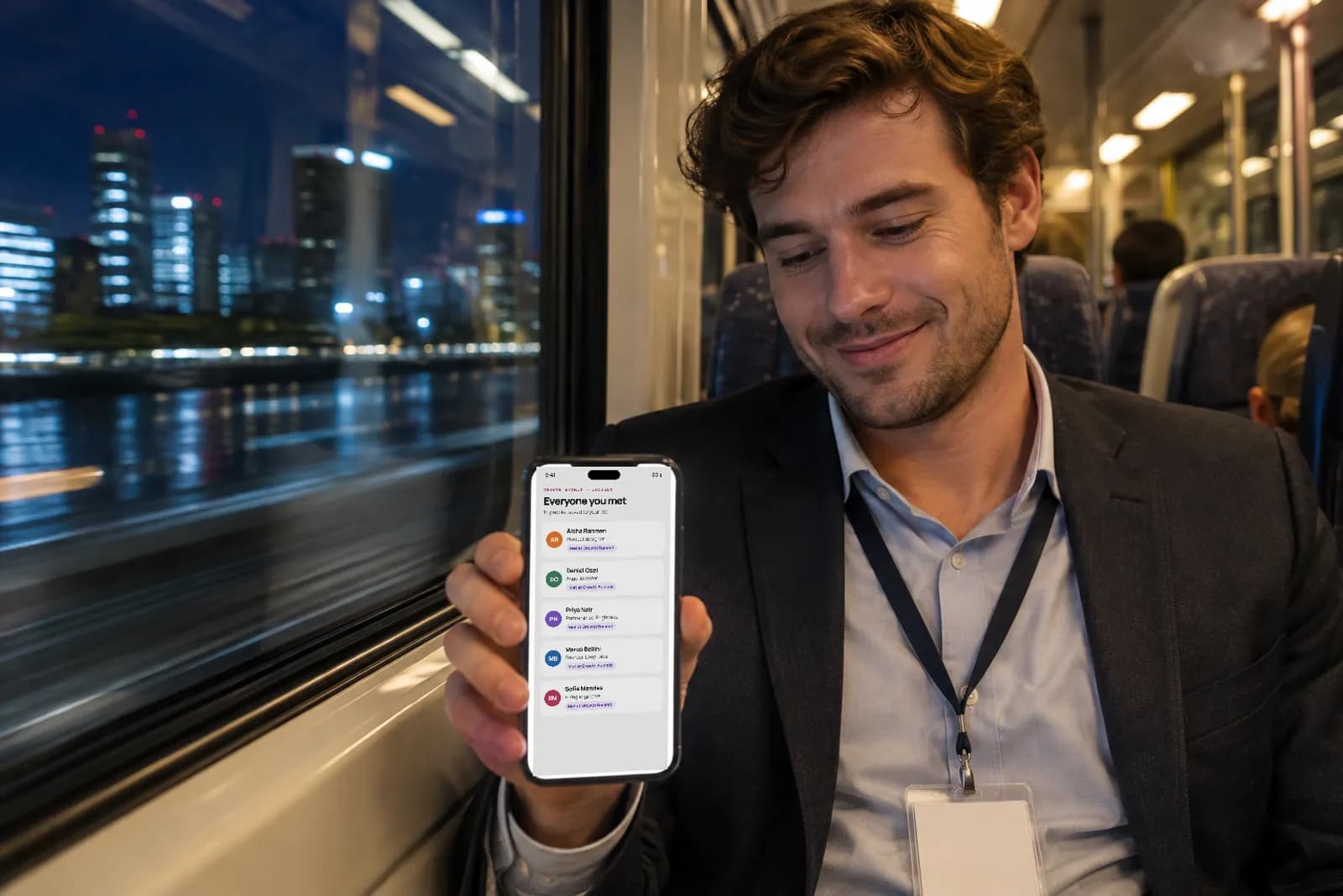 On the train home after a conference, a smiling man with a lanyard holds up his phone showing Everyone you met at Growth Summit, each person marked Met at Growth Summit