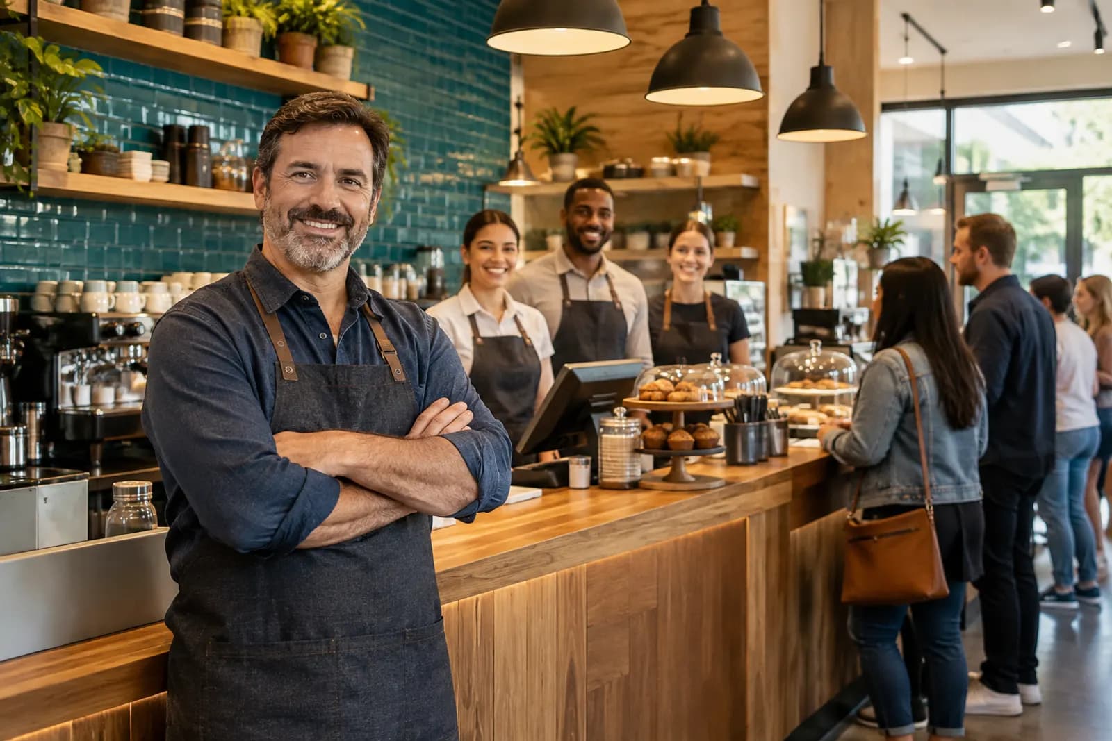 A proud franchise owner stands at the counter of a new cafe on opening day, his team in matching aprons behind him and happy customers queueing