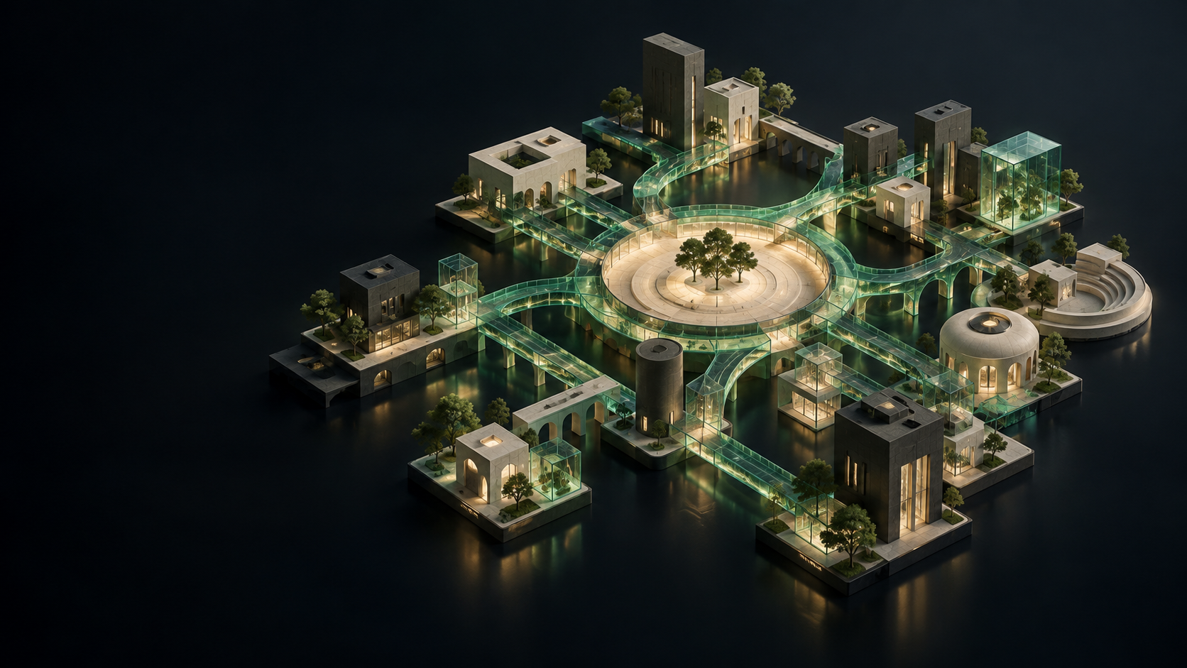 Conceptual architectural illustration of community buildings connected by luminous emerald pathways around a shared plaza