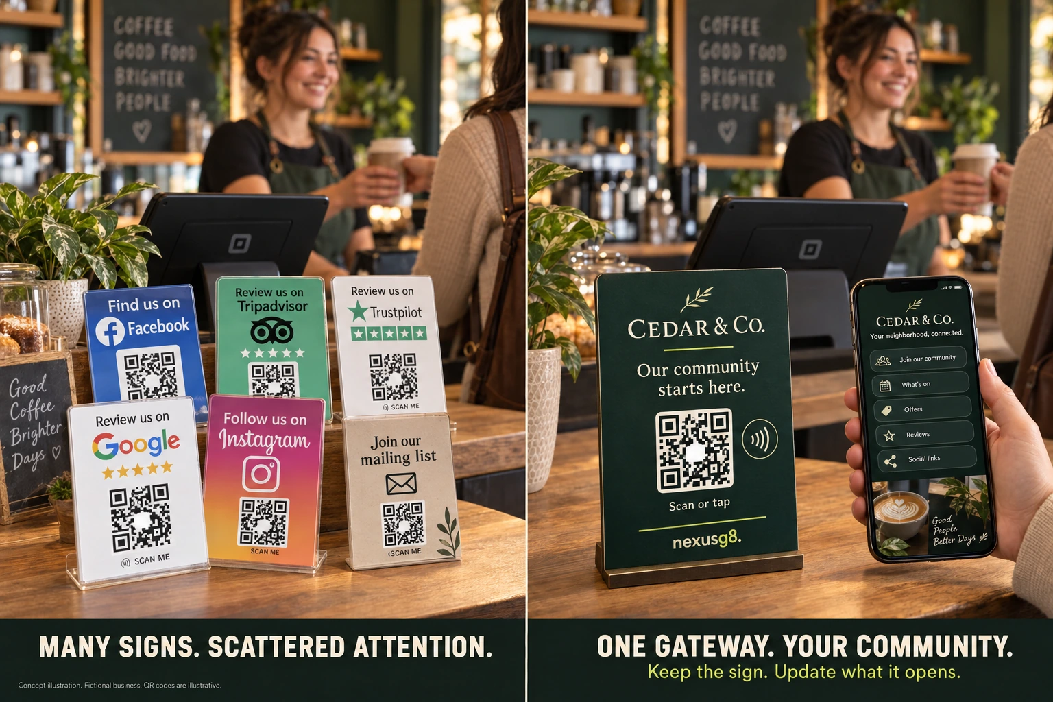 Concept comparison of the same café counter: several competing review and social signs on the left, and one business-named NexusG8 QR and NFC gateway with a community page on the right.